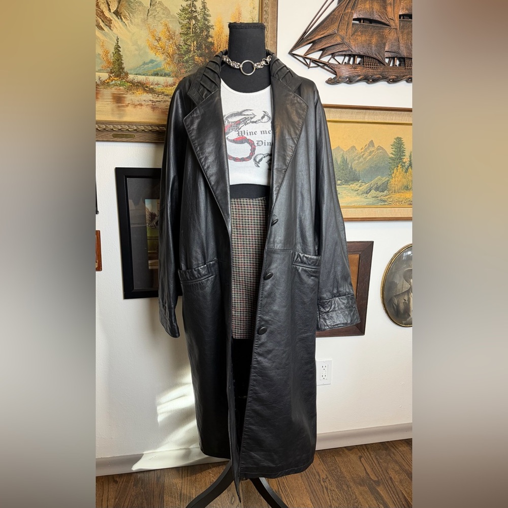 Vintage Long Black Leather Trench Coat Petite Medium